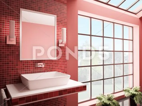Red bathroom interior 3d render Stock Illustration