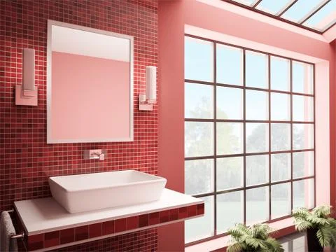 Red bathroom interior 3d render Stock Illustration