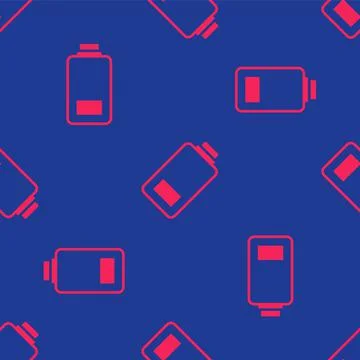Red Battery charge level indicator icon isolated seamless pattern on blue Stock Illustration