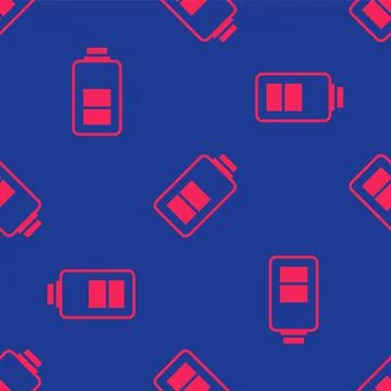 Red Battery charge level indicator icon isolated seamless pattern on blue Stock Illustration