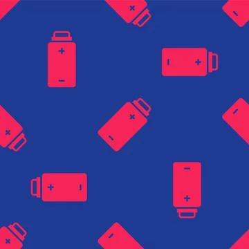Red Battery charge level indicator icon isolated seamless pattern on blue Stock Illustration