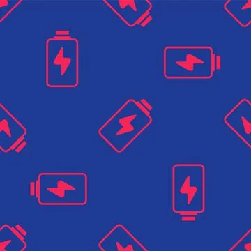 Red Battery charge level indicator icon isolated seamless pattern on blue Stock Illustration