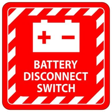 Red Battery Disconnect Switch Sign with Warning Stripes and Icons Stock Illustration