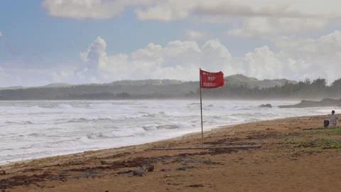 Red beach Flag Dangerous Surf Rip Current Flag Warning Stock Footage 232171338