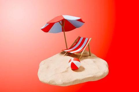 Red beach umbrella and deck chair on sand island Stock Illustration