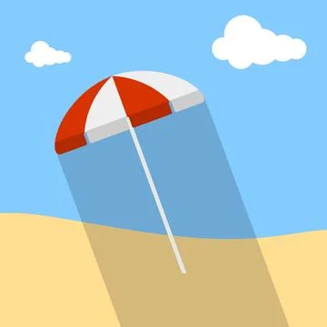 Red beach umbrella flat icon with long shadow on sand with clouds vector Illustrazione stock