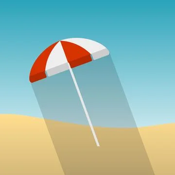 Red beach umbrella flat icon with long shadow on gradient sky background Illustrazione stock