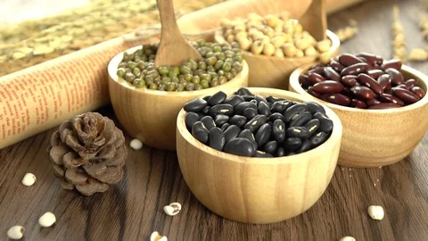 Red beans, mung beans, soy beans and black beans Stock Footage 116663513