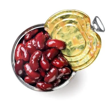 Red beans in an open tin can on a white background. Top view Foto stock