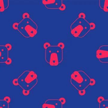 Red Bear head icon isolated seamless pattern on blue background.  Vector Illustrazione stock