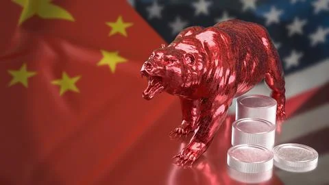 Red Bear Market Between China and United States Economies 3d render. Stock Illustration