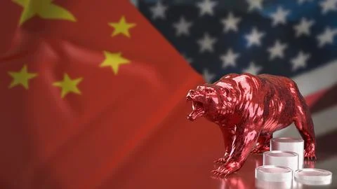 Red Bear Market Between China and United States Economies 3d render. Illustrazione stock