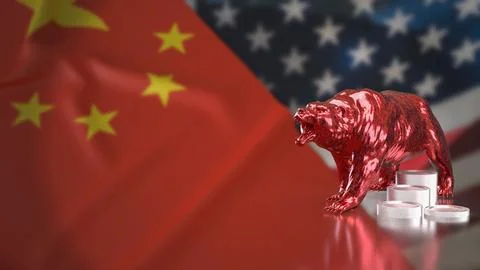 Red Bear Market Between China and United States Economies 3d render. Illustrazione stock