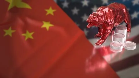Red Bear Market Between China and United States Economies 3d render. Illustrazione stock
