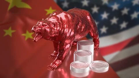 Red Bear Market Between China and United States Economies 3d render. Stock Illustration