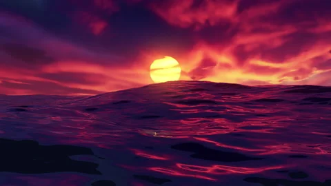Red beautiful sunset over ocean seamless loop with red sky and sea with waves 動画素材 130916786