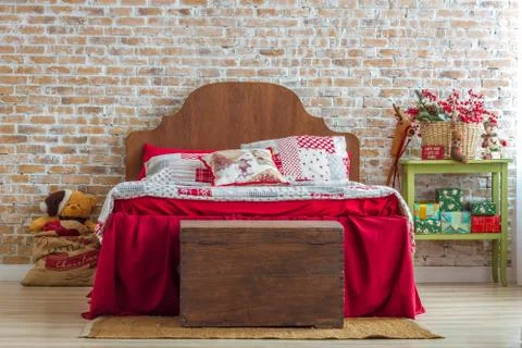 Red Bed In Christmas Interior Stock Photos