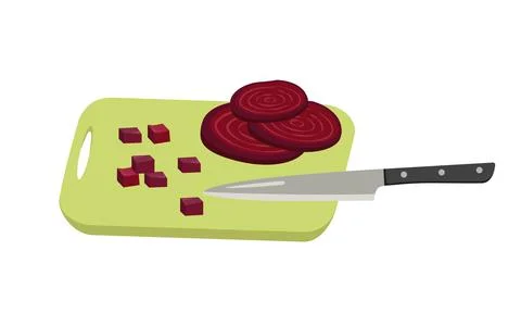 Red beet slices and cubes cut with knife on board Illustrazione stock