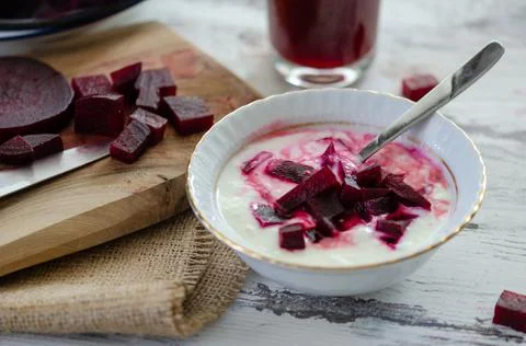 The red beetroot and yogurt Stock Photos