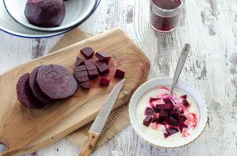 The red beetroot and yogurt Stock Photos