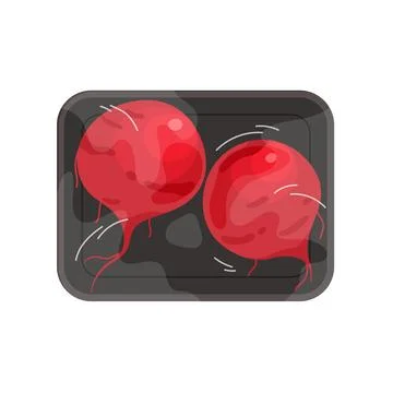 Red beetroot in black plastic tray, top view of styrofoam package with film wrap Stock Illustration