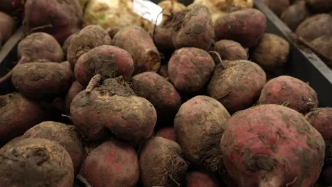 Red beets, dirty from black soil, on a store shelf. Stock Footage 232217916