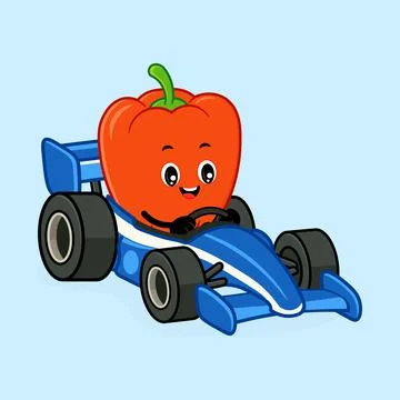 Red bell pepper character driving a racing car Ilustración de archivo