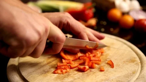 Red Bell Pepper Chopped on Small Pieces Video stock 90951184