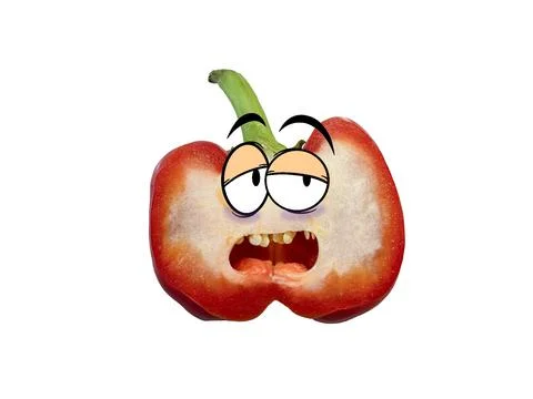 A red bell pepper cut in half with cartoon eyes looks like an sick face. Stock Illustration