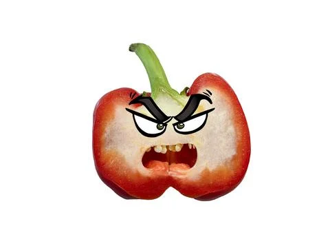 A red bell pepper cut in half with cartoon eyes looks like an angry face Stock Illustration