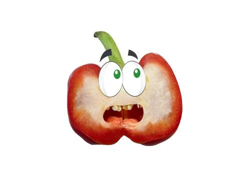 A red bell pepper cut in half with cartoon eyes looks like a surprised face Stock Illustration