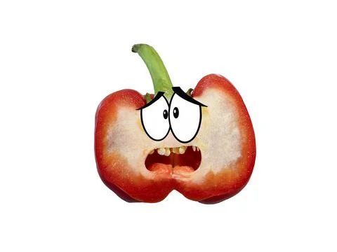 A red bell pepper cut in half with cartoon eyes looks like a sad face Stock Illustration
