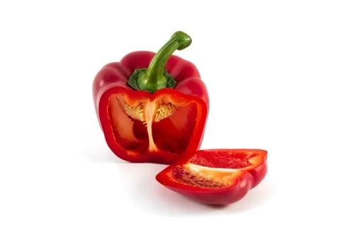 Red bell pepper cuted in half, with the core and seeds, large top view and a  Stock Photos