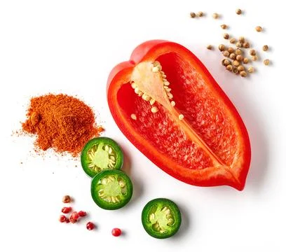 Red bell pepper, paprika powder, red pepper, white pepper and jalapeno pepper Stock Photos
