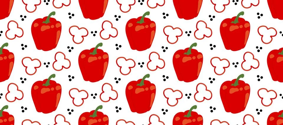 Red Bell Pepper Seamless Pattern with Slices and Black Peppercorns. Vector .. Stock Illustration