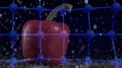 Red bell pepper sitting centered while spray releasing droplets, increasing and Stock Footage 329454969