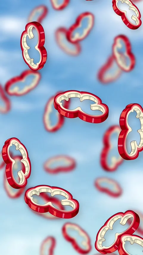 Red Bell Pepper Slices Falling Through Blue Sky with Clouds Stock Footage 342779979