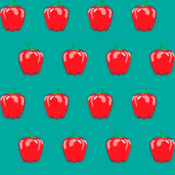 Red bell pepper stock vector seamless pattern on blue green background Stock-Illustration