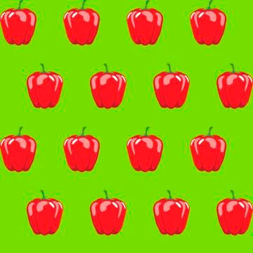 Red bell pepper stock vector seamless pattern on neon green background Illustrazione stock