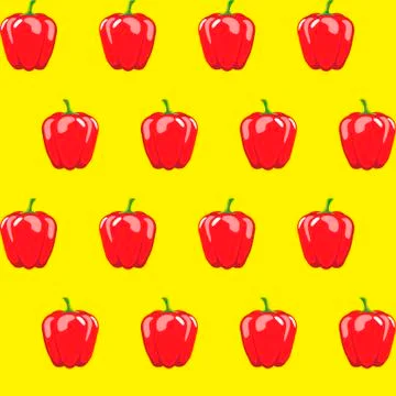 Red bell pepper stock vector seamless pattern on yellow background Stock Illustration