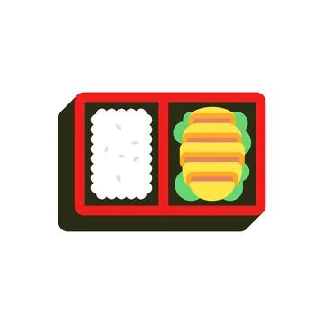 Red Bento Box with White Rice and Sliced Omurice Over Lettuce Illustrazione stock