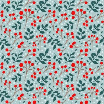Red berries and small branch with leave seamless pattern background Stock Illustration