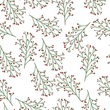 Red berries branches isolated seamless vector pattern	 Stock Illustration