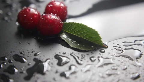 Red berries cherries on a dark background dripping rain, after a rain Vídeo Stock 95243572