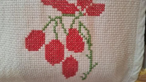 Red berries cross stitch pattern embroidered on white woven fabric Stock Photos