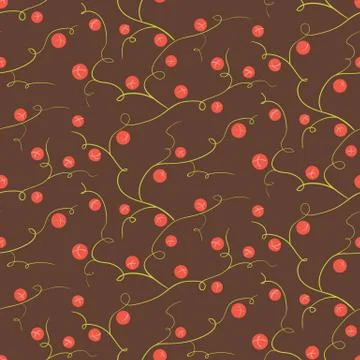 Red berries seamless vector pattern on brown Stock Illustration
