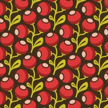 Red Berry and Green Leaf Botanical Pattern on Dark Brown Background Vector Stock Illustration