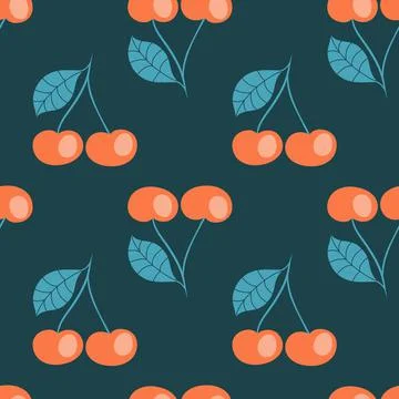 Red berry cherry on dark background, seamless pattern for textile and packagi Stock Illustration