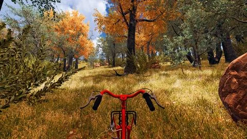Red bicycle in a forest designed by computer in a virtual environment 3d rend Ilustración de archivo