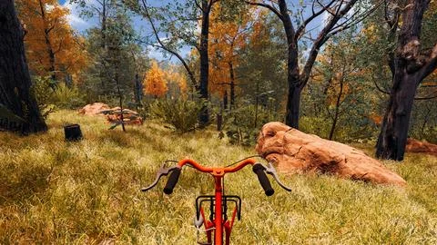 Red bicycle in a forest designed by computer in a virtual environment 3d rend Illustrazione stock